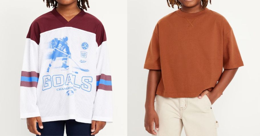 two boys wearing old navy tops