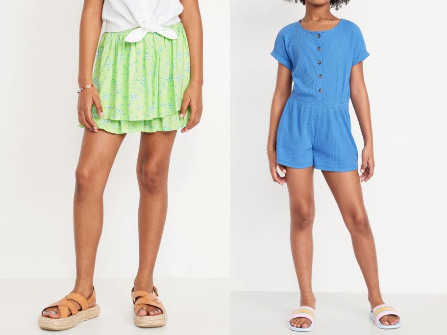 a girl wearing an old navy skort and another wearing an old navy romper