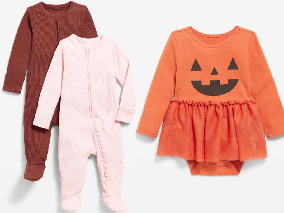 baby red and pink sleeper and orange dress 