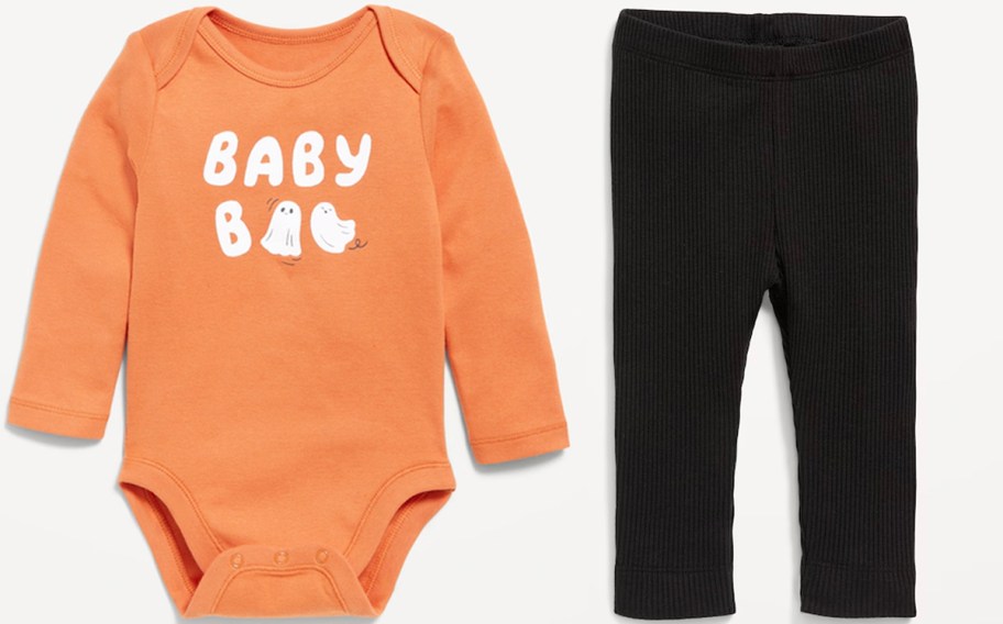 orange bodysuit with ghosts and black pants 