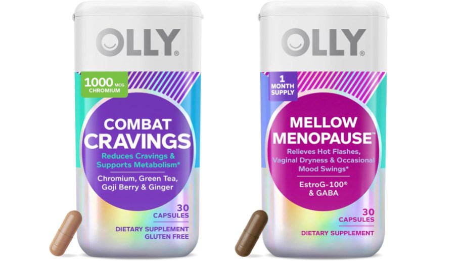 olly combat cravings and mellow menopause vitamins bottles