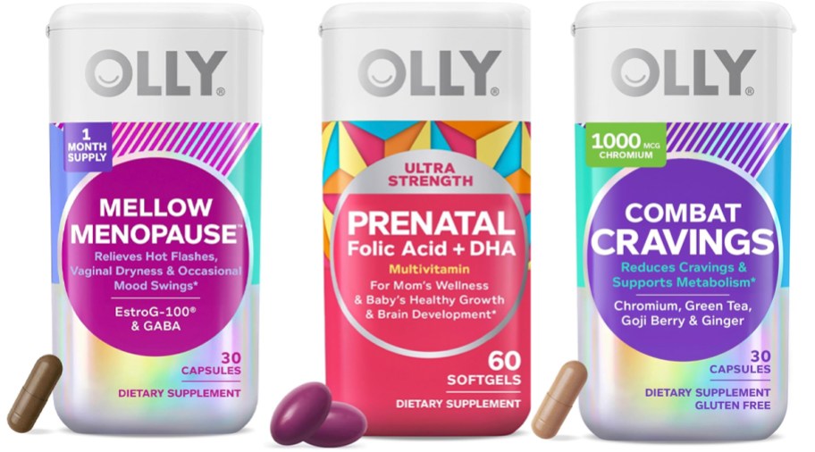 olly mellow menopause, prenatal and combat cravings vitamins bottles