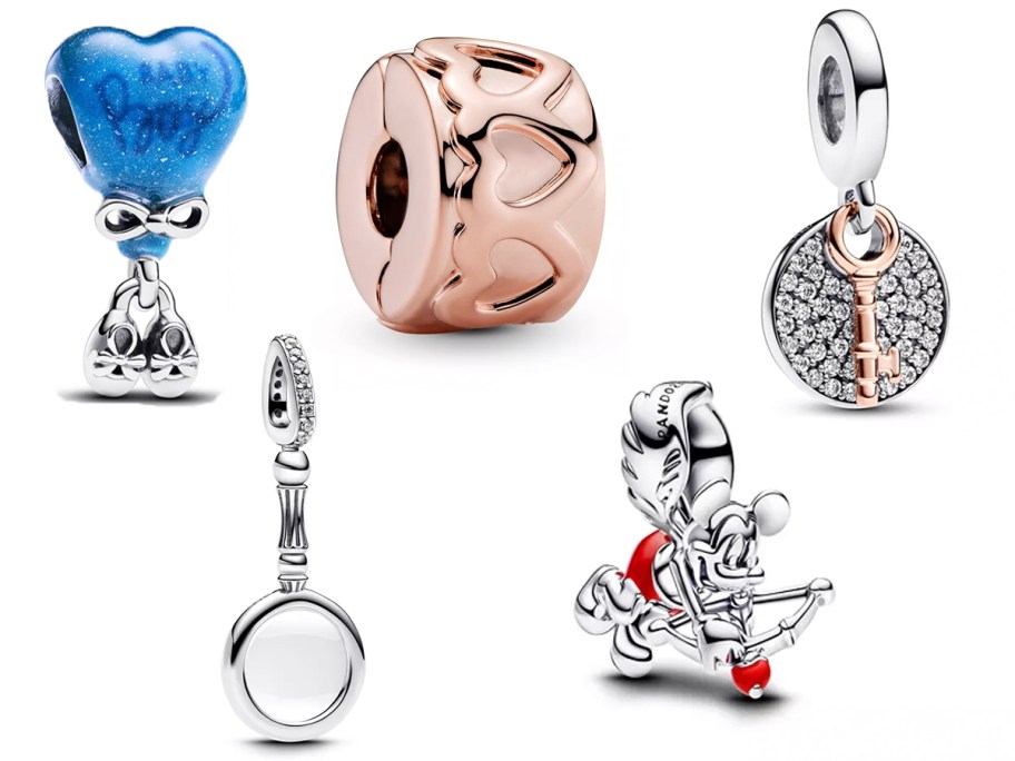 pandora heart, rose gold, key, magnifying glass, and mickey mouse charms 
