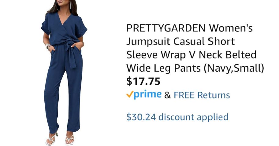 woman wearing blue jumpsuit next to Amazon pricing information