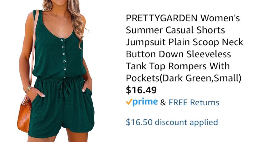 woman wearing green romper next to Amazon pricing information