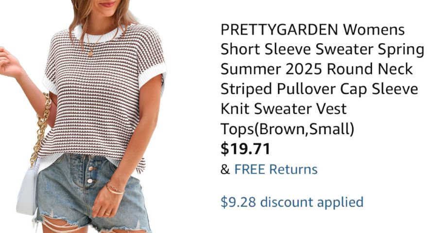 woman wearing striped sweater next to Amazon pricing information