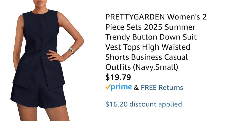 woman wearing navy vest outfit next to Amazon pricing information