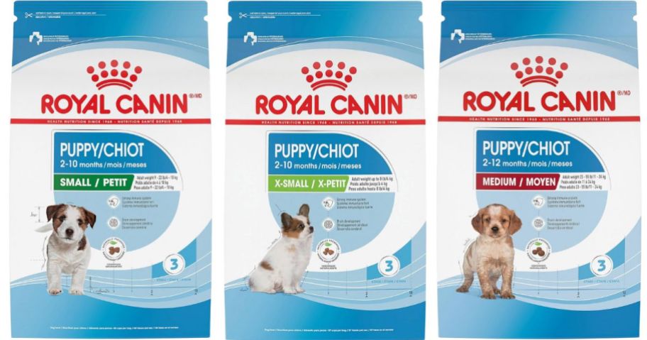 three royal canin dog food bags