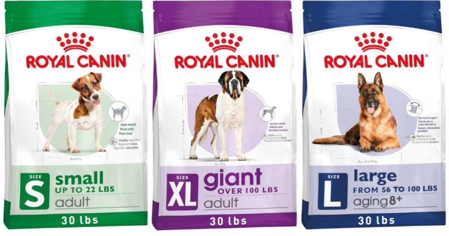 three royal canin dog food bags