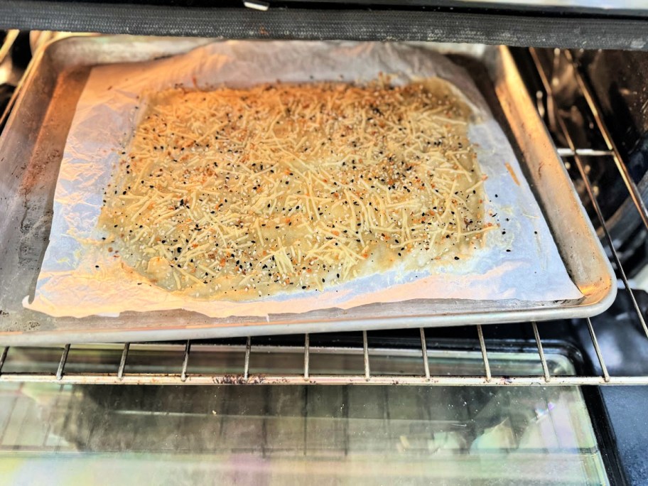 sheet pan in the oven with homemade crackers