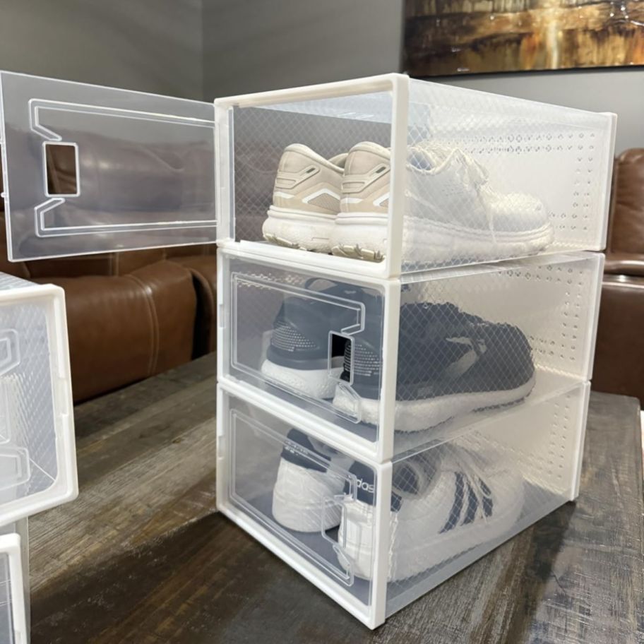 shoe storage with three sneakers inside