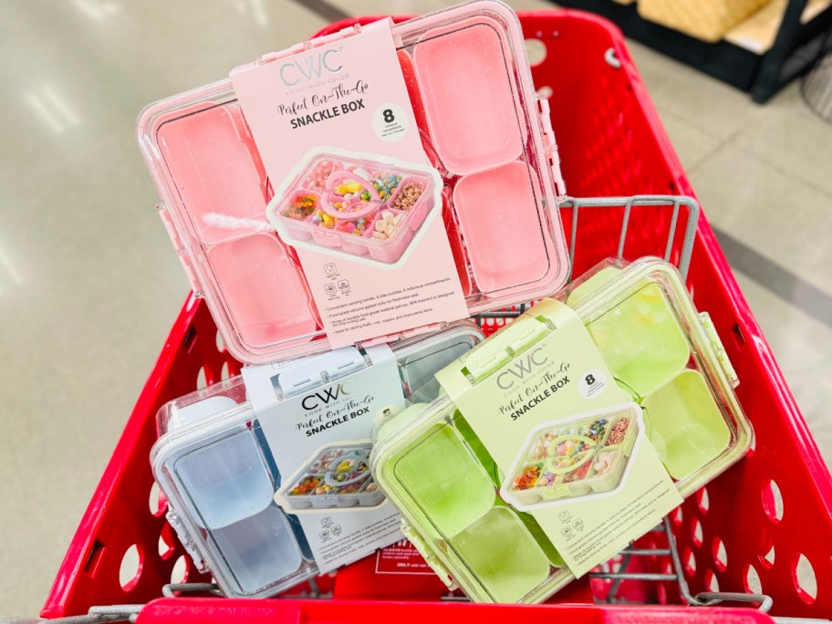 snack boxes in pink, blue and green