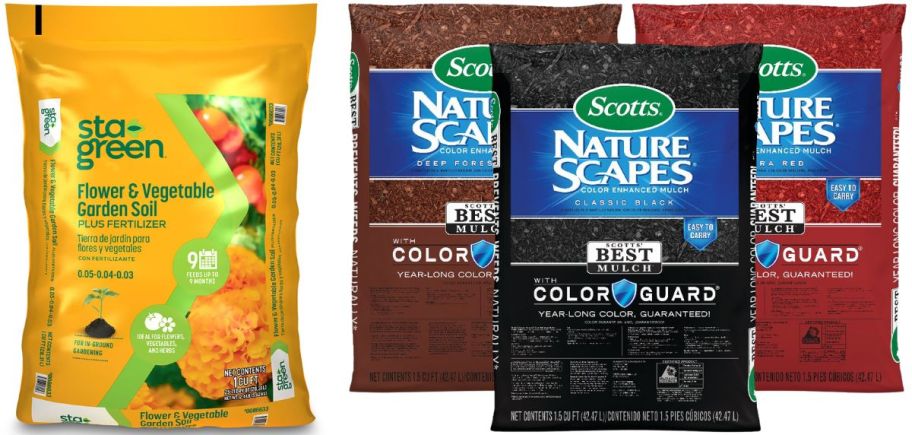 a bag of soil and 3 bags of colored mulch