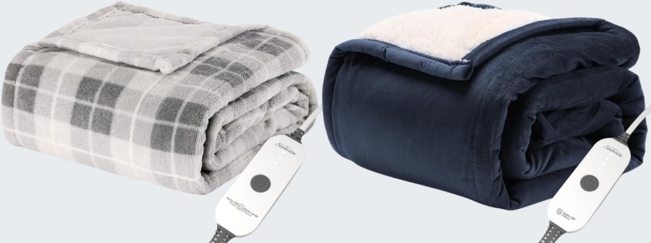gray plaid and dark blue heated throws