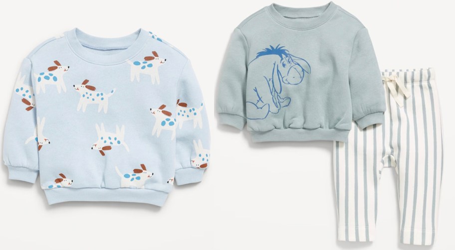 blue dog sweater and blue eyeore sweatshirt and matching pants 