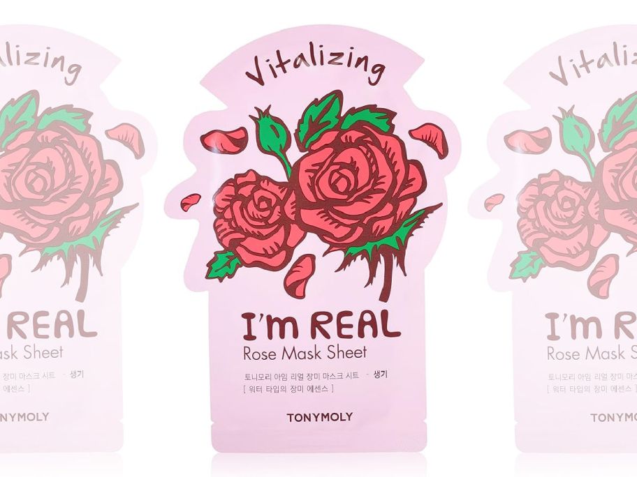 3 rose face masks on a white background