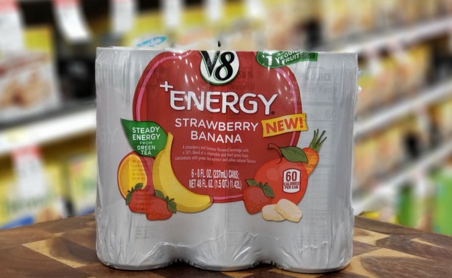 package of v8 energy strawberry banana flavored cans in store