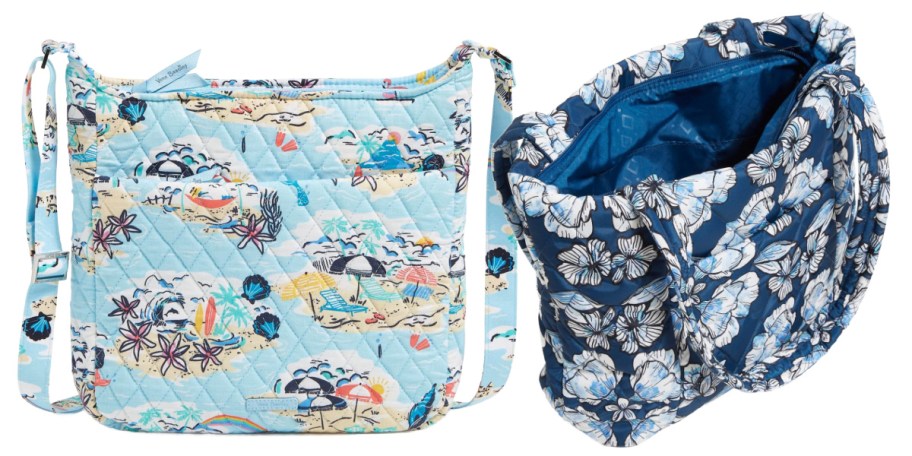 beach print crossbody and blue floral small tote bags