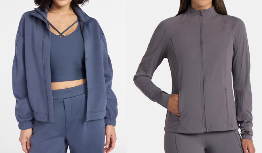 women in opened blue jacket and tan zipped jacket