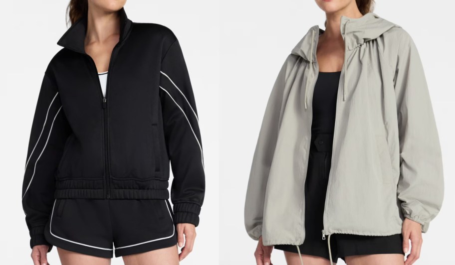 women in black track jacket and opened tan jacket