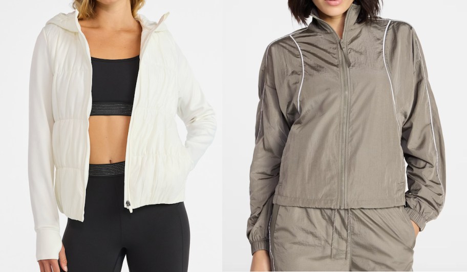 women in white opened jacket and tan track jacket