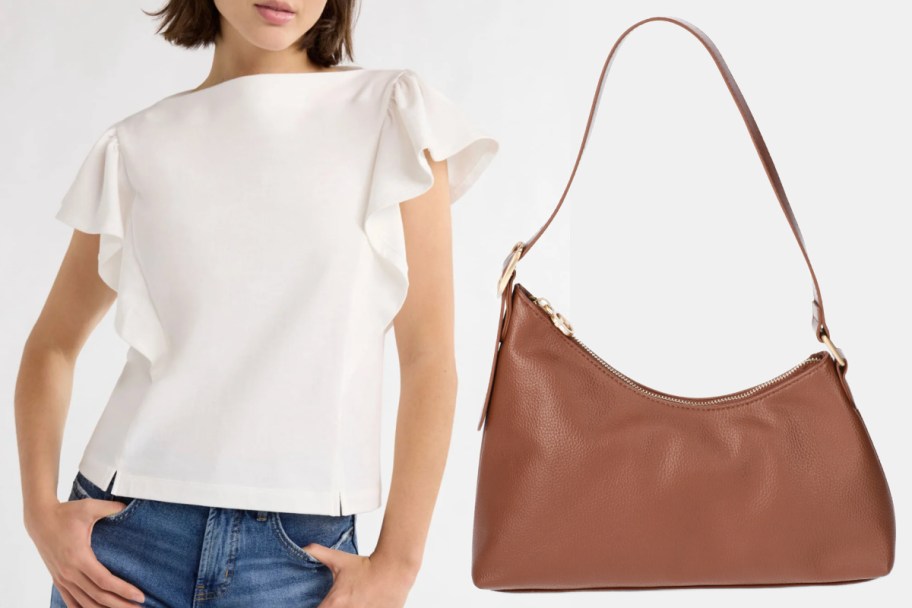 white flutter sleeve tee and brown purse