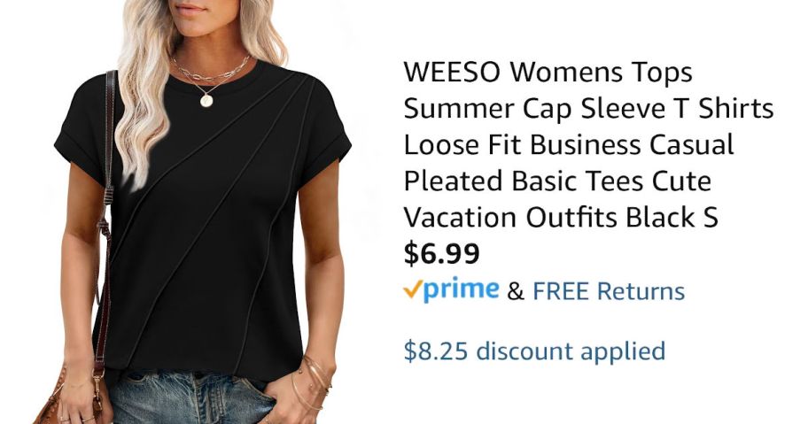 woman wearing black shirt next to Amazon pricing information