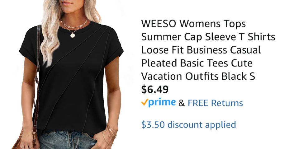 woman wearing black shirt next to Amazon pricing information