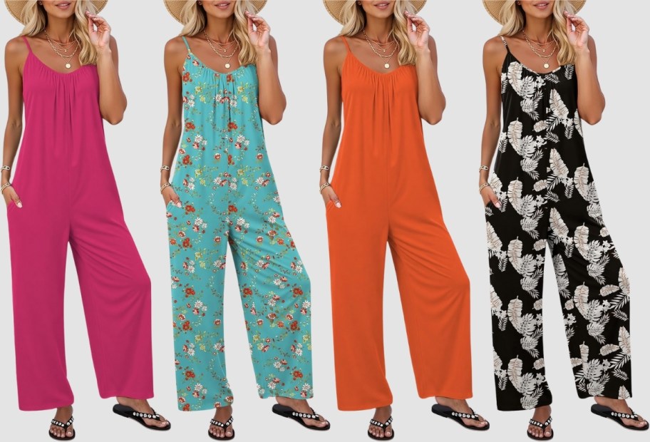 4 women in the same romper in different colors and prints