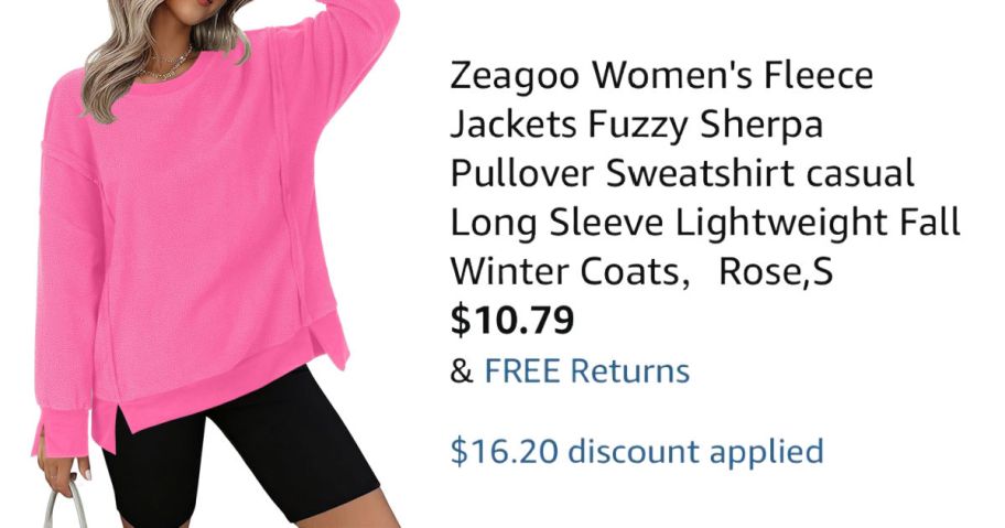 woman wearing pink sweatshirt next to Amazon pricing information