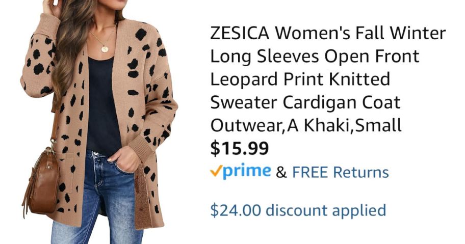 woman wearing leopard print cardigan next to Amazon pricing information