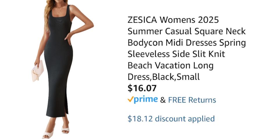 woman wearing black dress next to Amazon pricing information