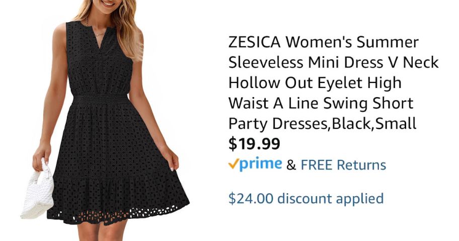 woman wearing black dress next to Amazon pricing information