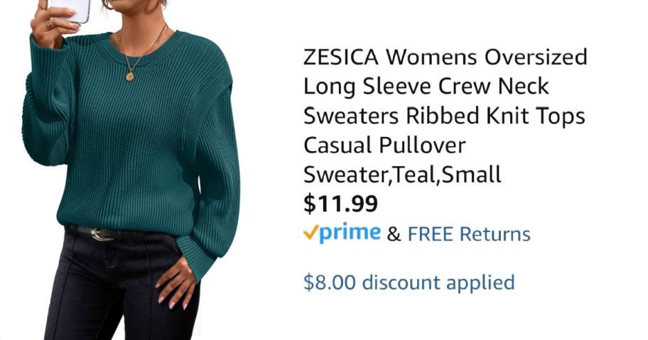 woman wearing green shirt next to Amazon pricing information