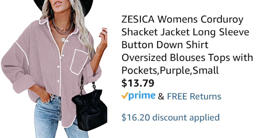 woman wearing pink shacket next to Amazon pricing information
