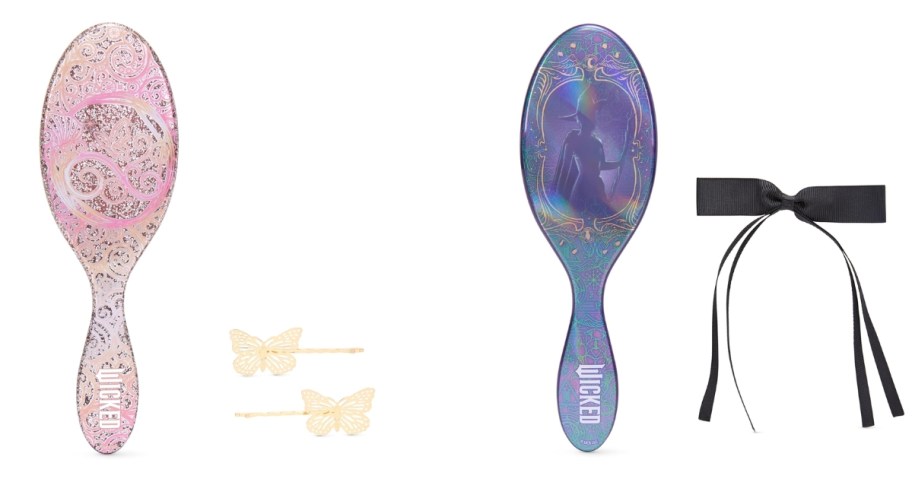 a Wet Brush Wicked Glinda Brush and hair pins and Elphaba brush and hair bow 