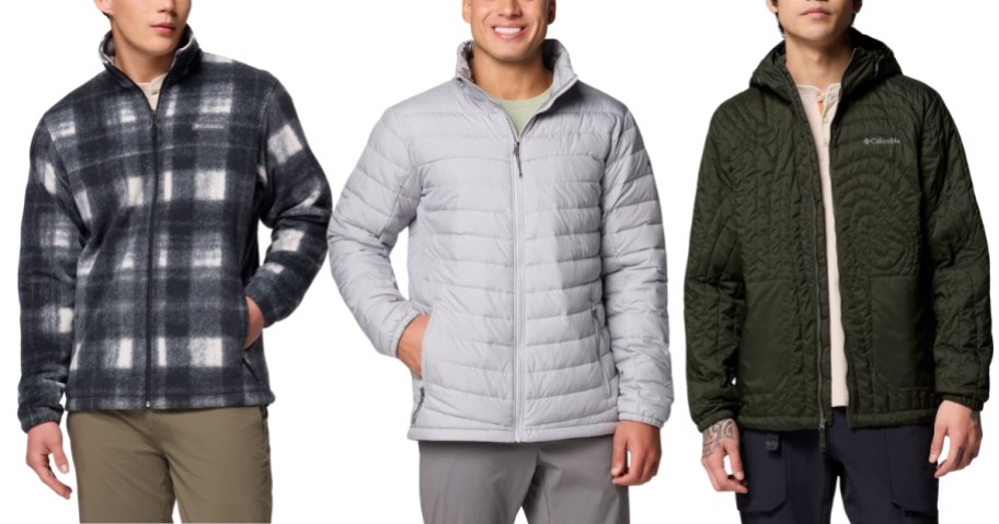 3 men wearing different styles of jackets