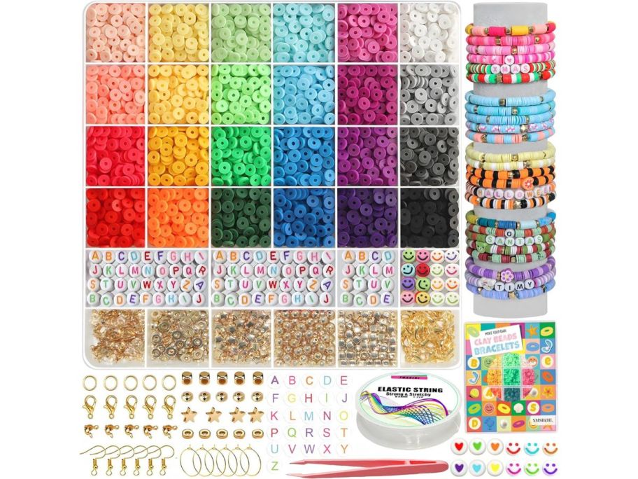 Bracelet making kits with various colors of beads, charms and accessories