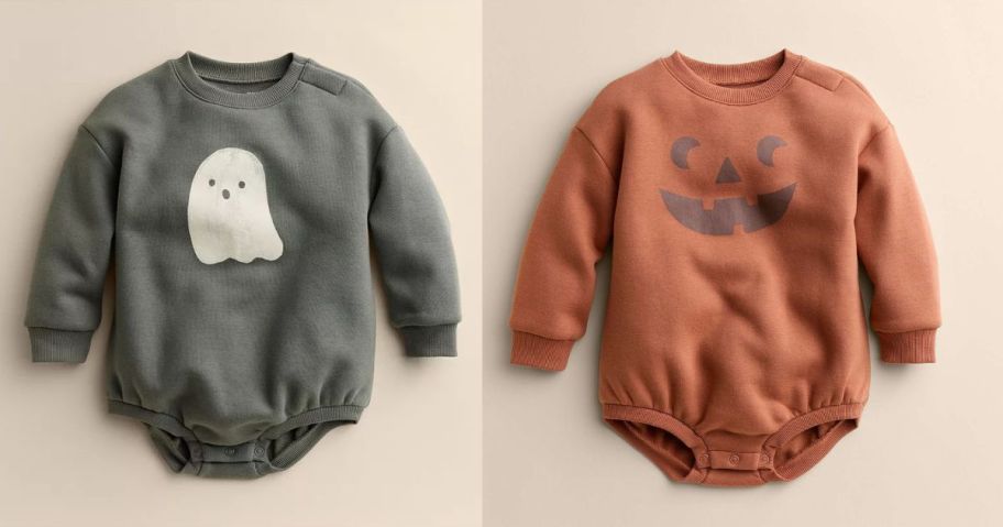 2 baby rompers: one gray with a ghost and the other orange with a Jack-O-Lantern
