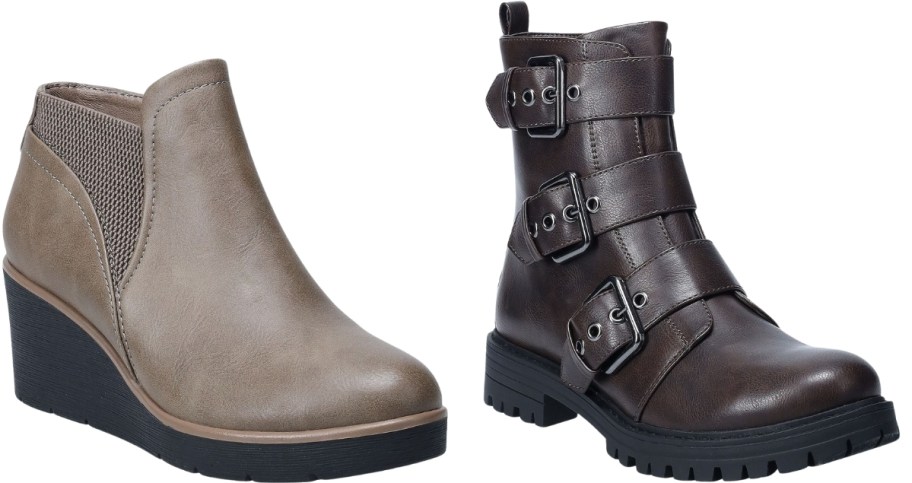 a wedge bootie and an moto bootie