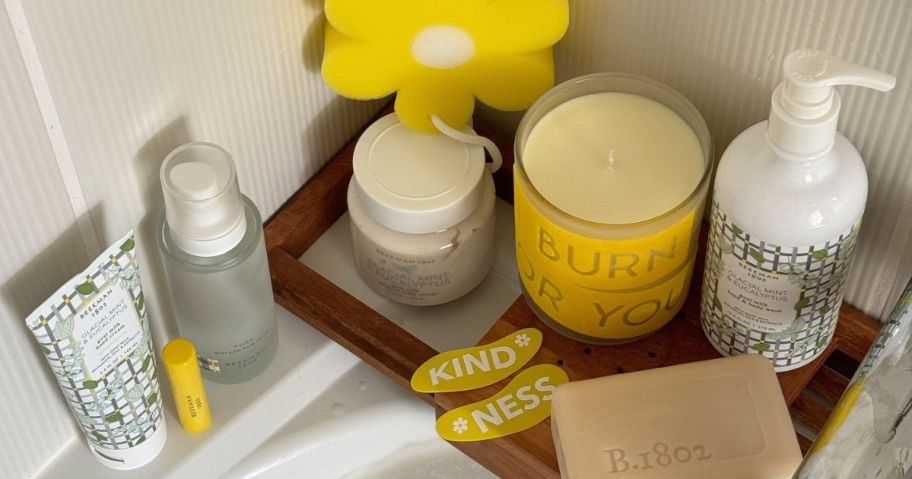 Beekman 1802 Body Care on a bathtub ledge