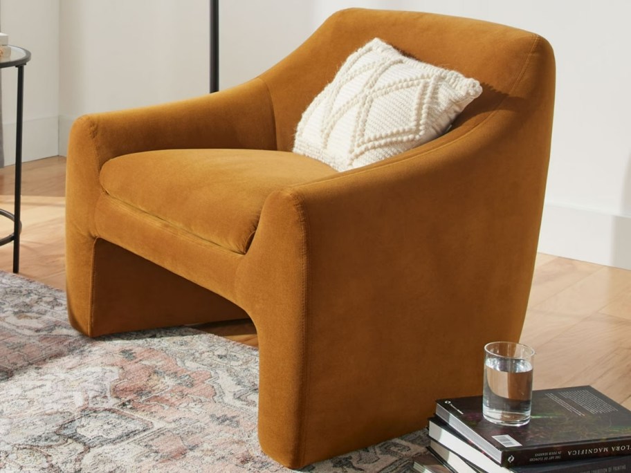 Better Homes & Gardens Emerson Curvy Accent Chair sitting in living room 