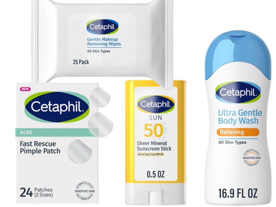 stock images of cetaphil makeup wipes, pimple patches, sunscreen stick, and body wash