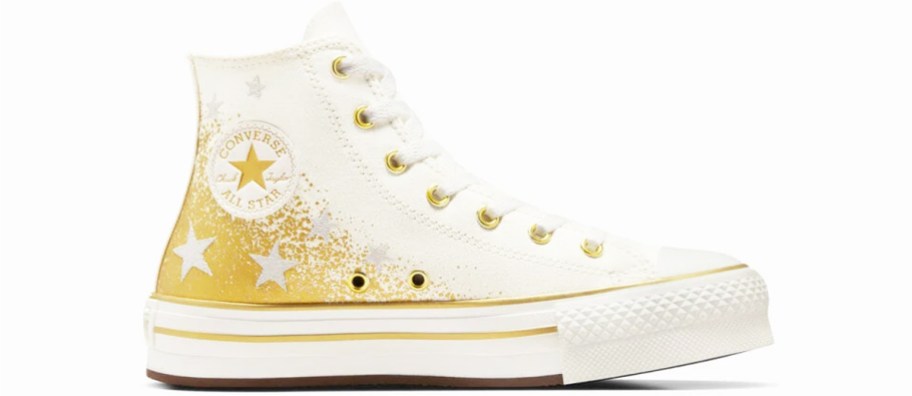 white and gold high top sneaker with stars