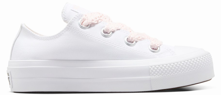 white sneaker with light pink crochet laces