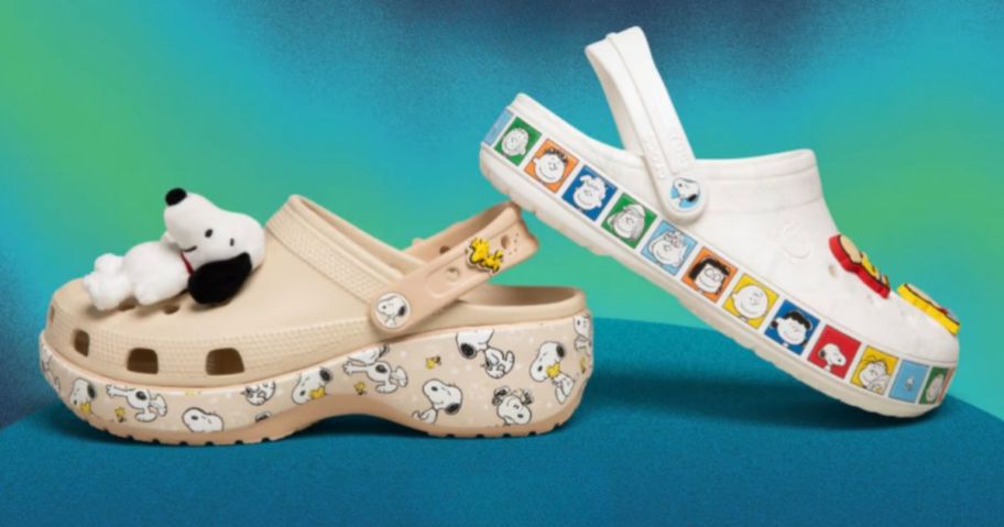 A air of Peanuts-themed Crocs in front of a blue and green screen