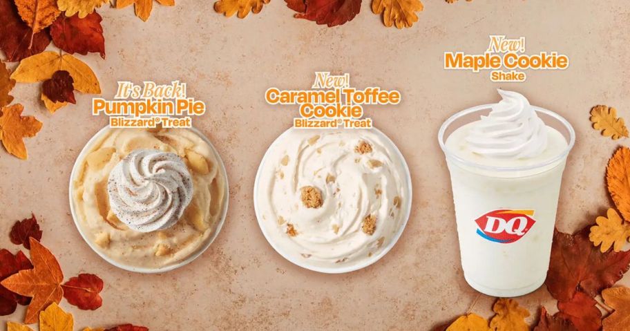 3 Dairy Queen desserts surrounded by fall leaves