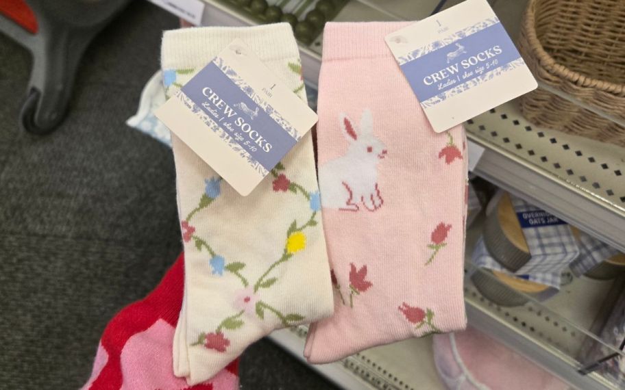 hand holding Easter Crew Socks in store