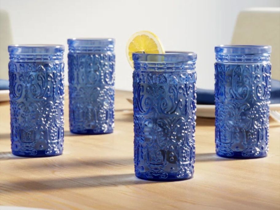 4 blue Godinger Silver Art Co. Jax 14oz Highball Glasses