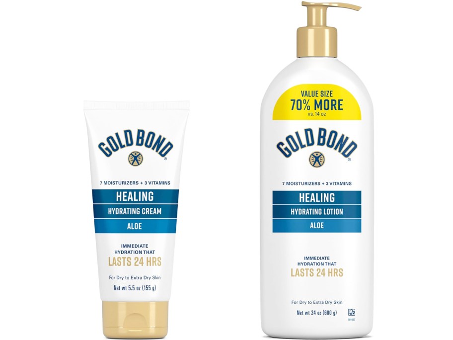small and large bottles of Gold Bond lotions